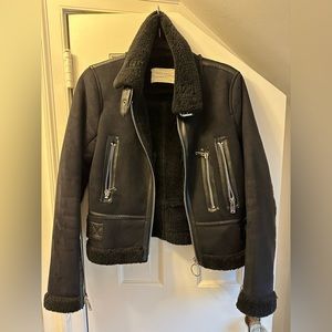 Zara Woman Faux Shearling Cropped Motorcycle Jacket, Black, XS